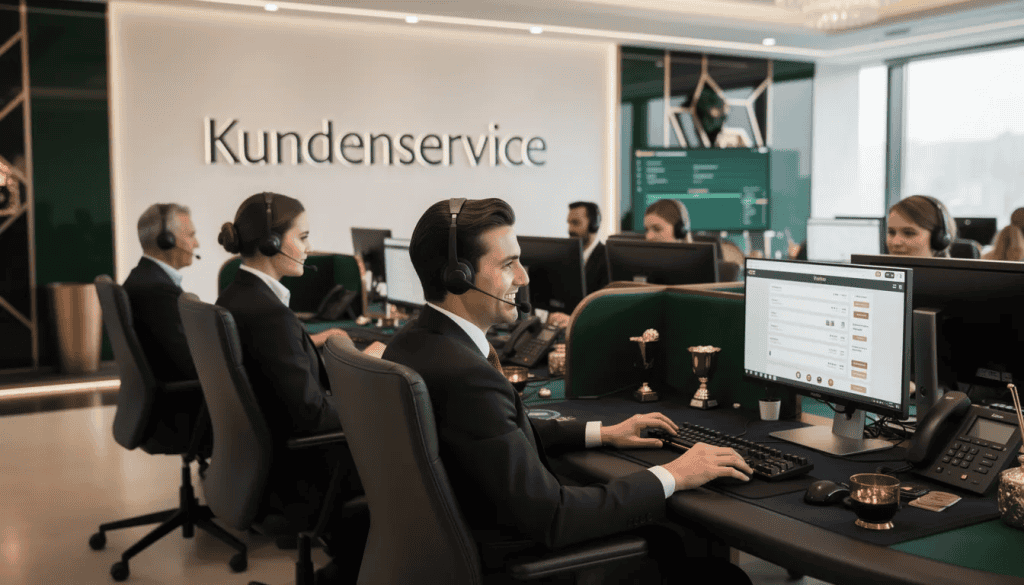 Das Bild zeigt einen professionellen Kundenservice für ein Online-Casino, wobei Berater mit Headsets arbeiten, um rund um die Uhr Unterstützung zu bieten. Die Atmosphäre ist freundlich und kompetent, ideal für Spieler, die Fragen zu Echtgeld-Online-Casinos oder deren Spieleauswahl haben.