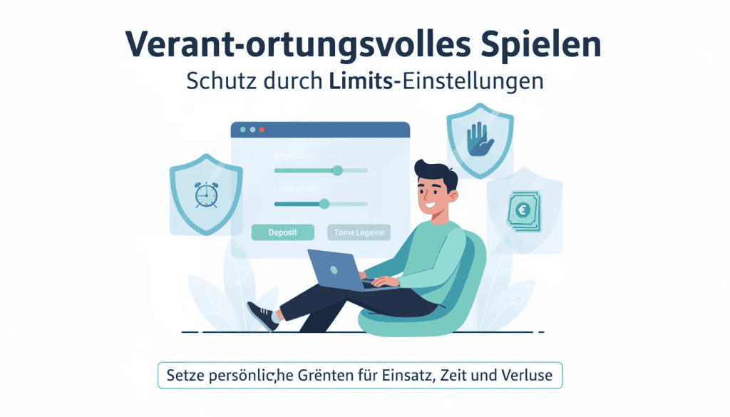 Das Bild zeigt eine informative Grafik über verantwortungsvolles Spielen in Online-Casinos, die Tipps zur Einstellung von Schutz- und Limitfunktionen bietet. Diese Maßnahmen sollen Spielern helfen, ihre Einsätze zu kontrollieren und sicherzustellen, dass sie die besten online casino echtgeld seiten im test verantwortungsvoll nutzen.
