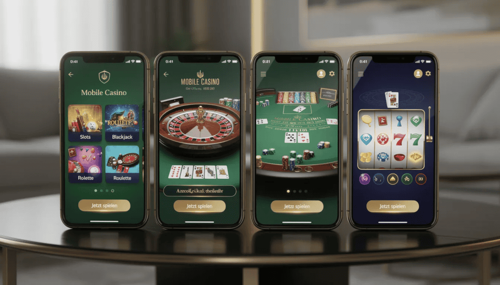 Die Abbildung zeigt eine moderne mobile Casino-App, die auf verschiedenen Smartphones angezeigt wird. Die App bietet eine Vielzahl von Spielen, darunter beliebte Slots wie "Book of Ra" und "Legacy of Dead", und ist Teil der besten online Casino echtgeld Seiten im Test, die von der gemeinsamen Glücksspielbehörde der Länder lizenziert sind.