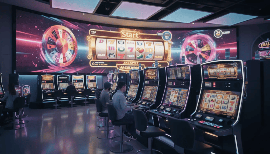 Das Bild zeigt eine moderne Casino-Spielumgebung mit verschiedenen Slot-Maschinen und einem digit