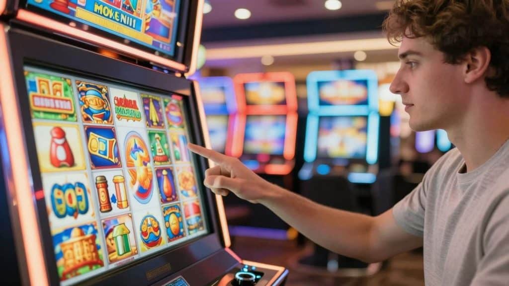 Novoline Spielautomaten mit bunten Symbolen und Casino-Atmosphäre.