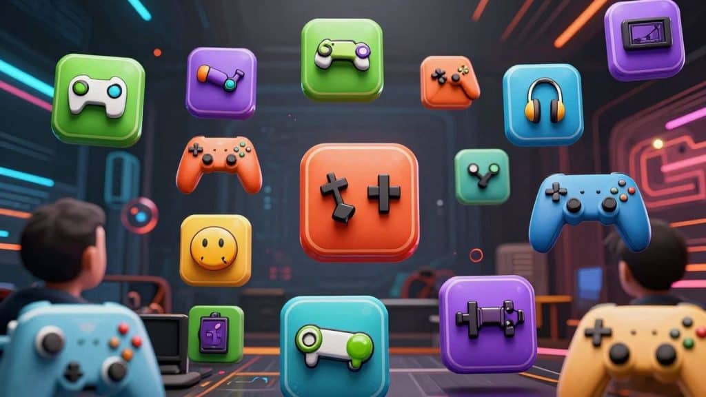 Bunte Spielsymbole und digitale Oberflächen im Online-Casino.