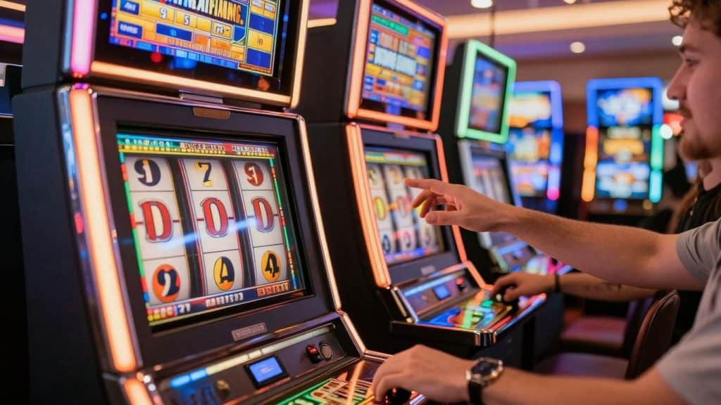 Merkur Slots Casino Spielautomaten mit leuchtenden Lichtern.